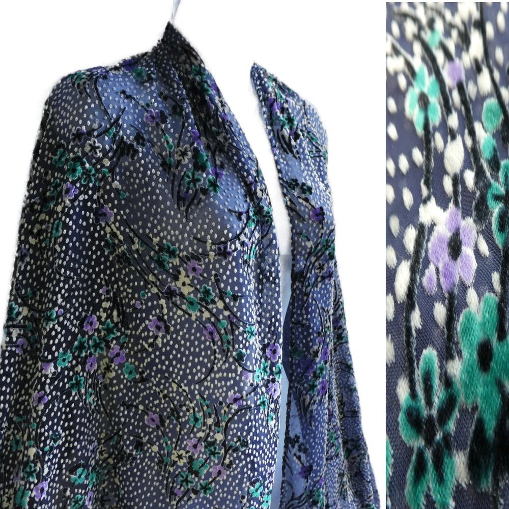 79x24 Vintage Burnout Velvet Floral Shawl Scarf Cover Blue Green Purple Dressy